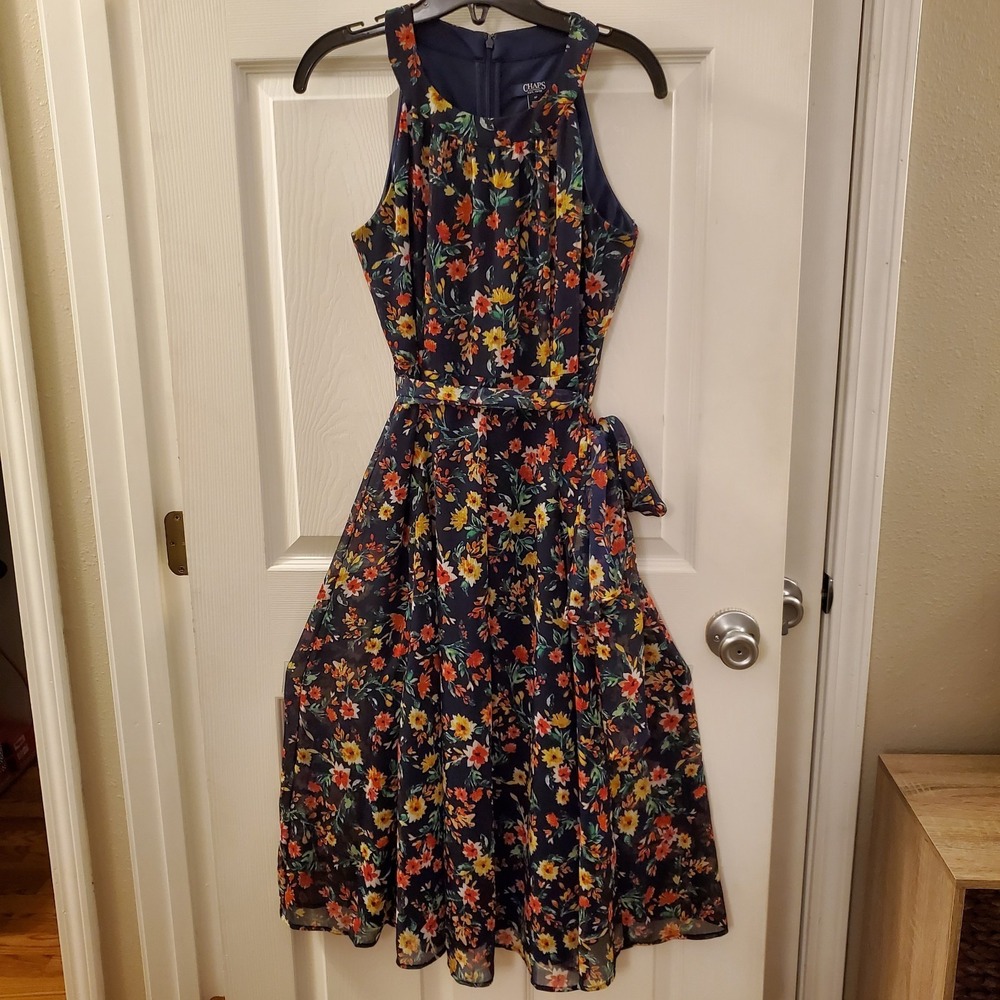 Chaps sz 8P Navy floral chiffon halter midi dress a-line classic gardern cottage